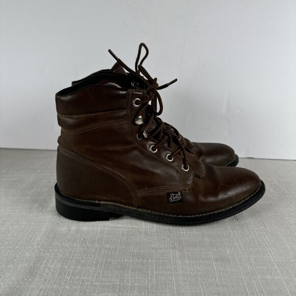VTG Justin Basics Brown Kiltie Distressed Chore Work Boots Women’s Sz 7.5B - Picture 2 of 16